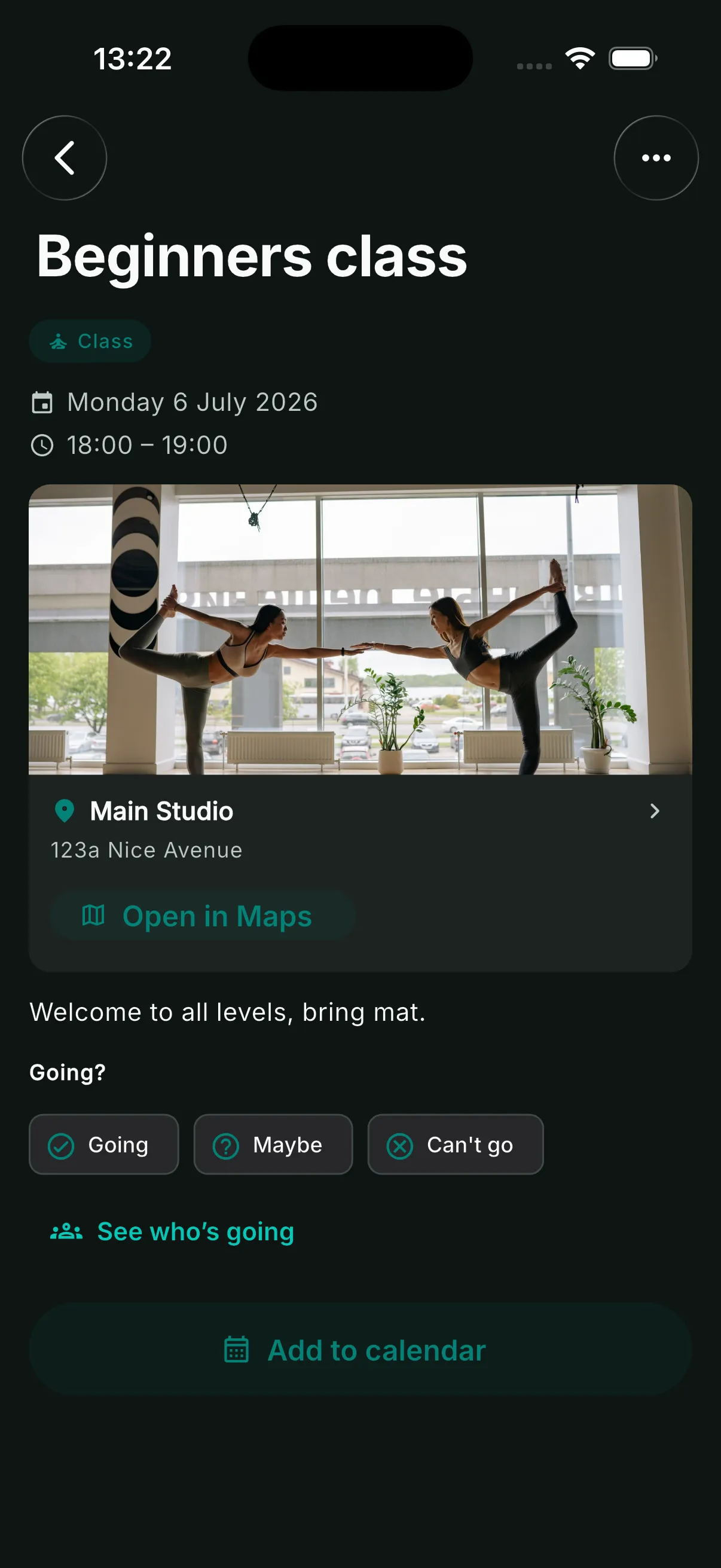 Event detail screen with cover image, title, details and Add to calendar