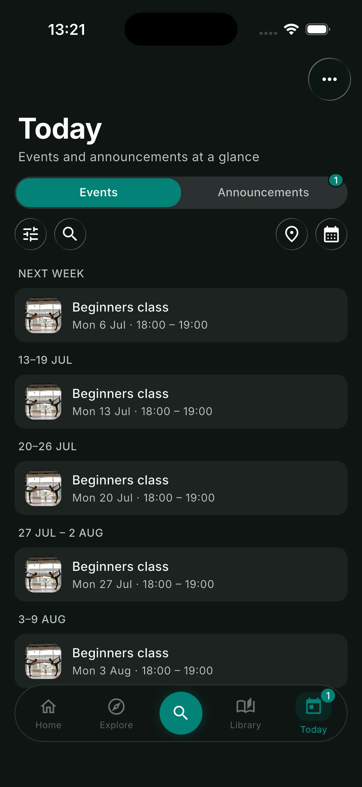 Today tab on the Events view with the filter, search and view controls