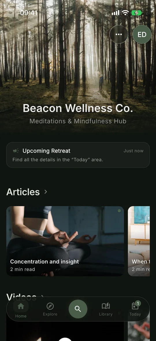 C3NTR Home screen for a wellness school